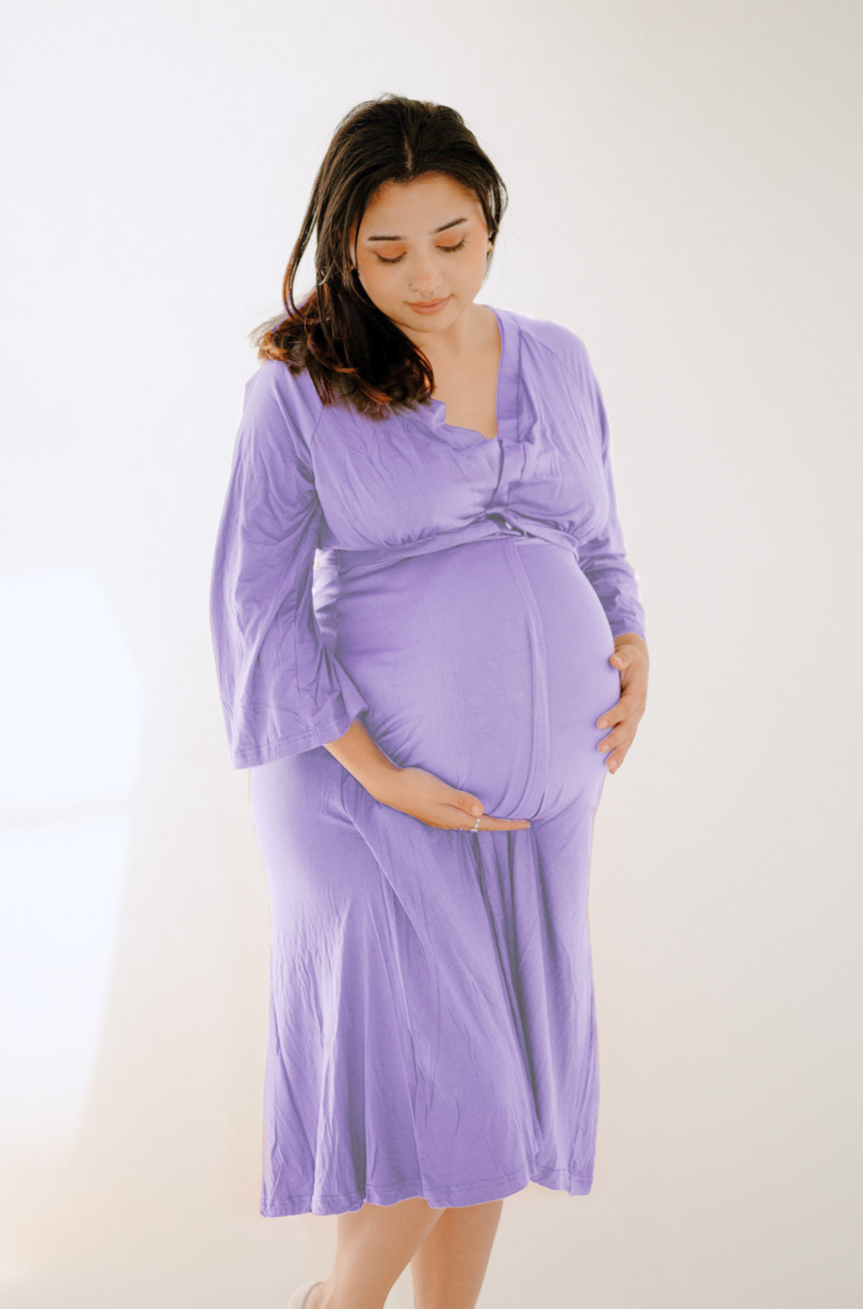 lilac purple maternity dress Violet Maternity Maxi Dress with Slit and Short Sleeves