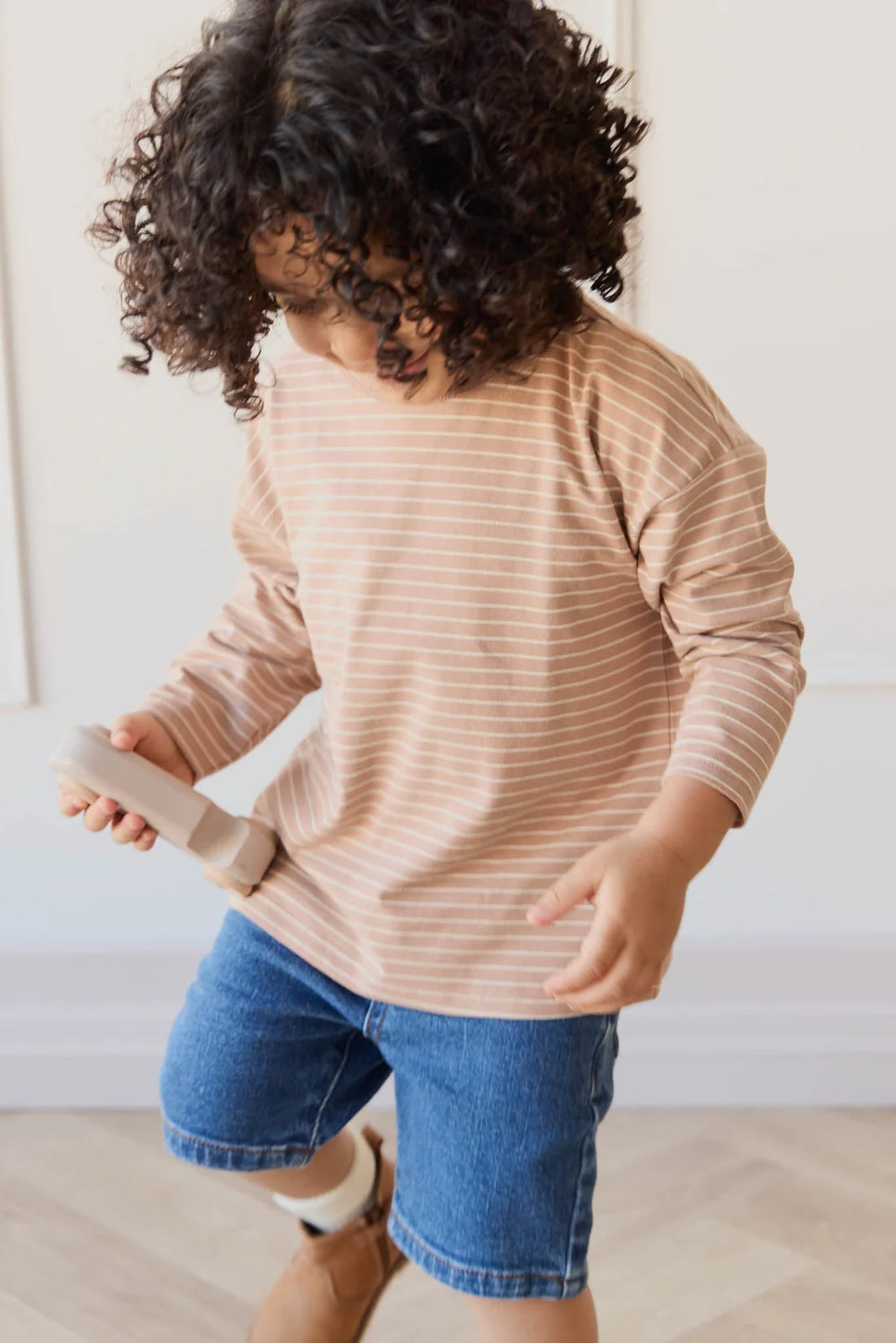 Organic Cotton Levi Long Sleeve Top - Daisy Stripe Pale Terracotta