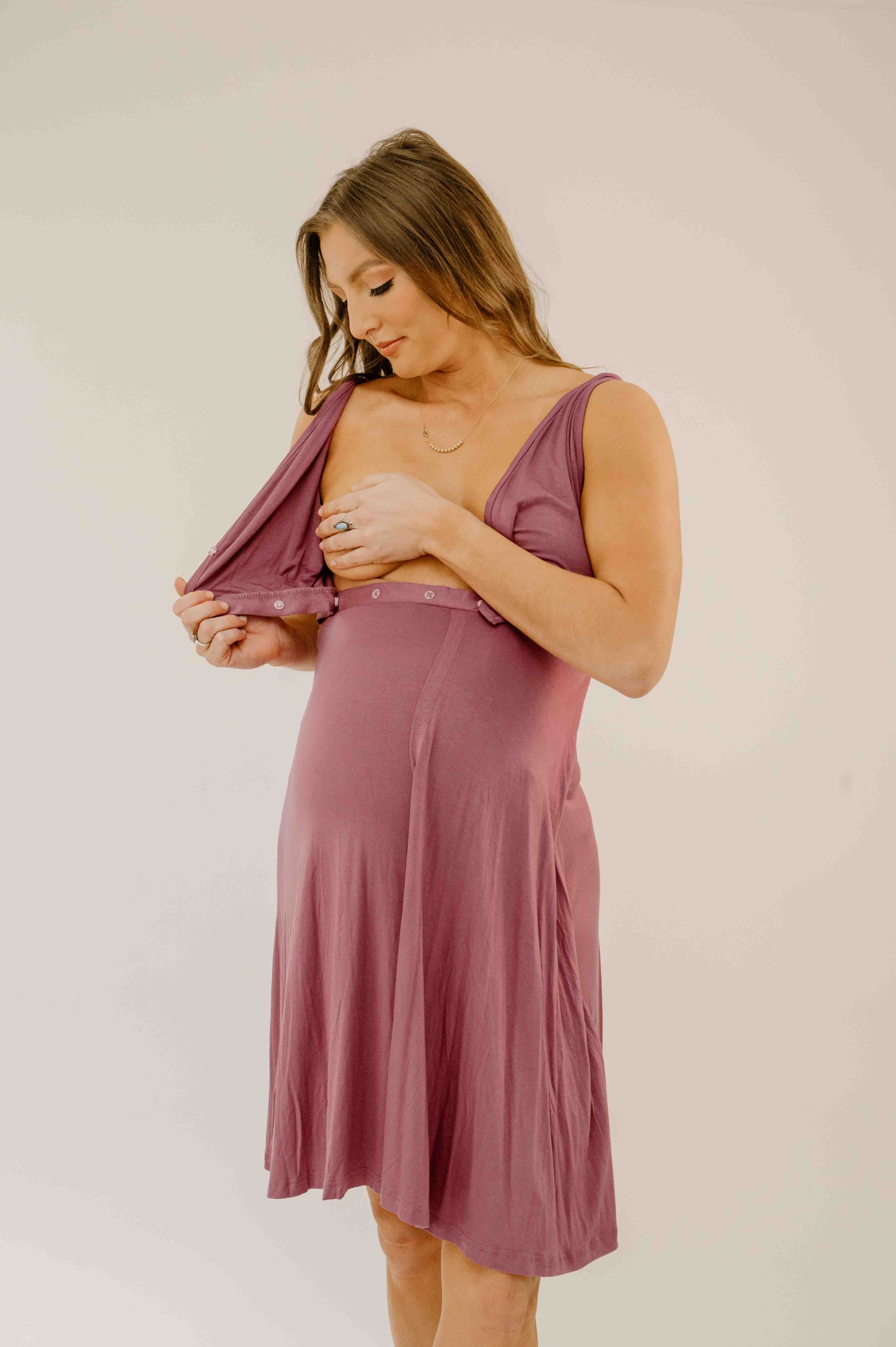 Juliet Labor & Postpartum Gown in  Dusty Rose with pockets