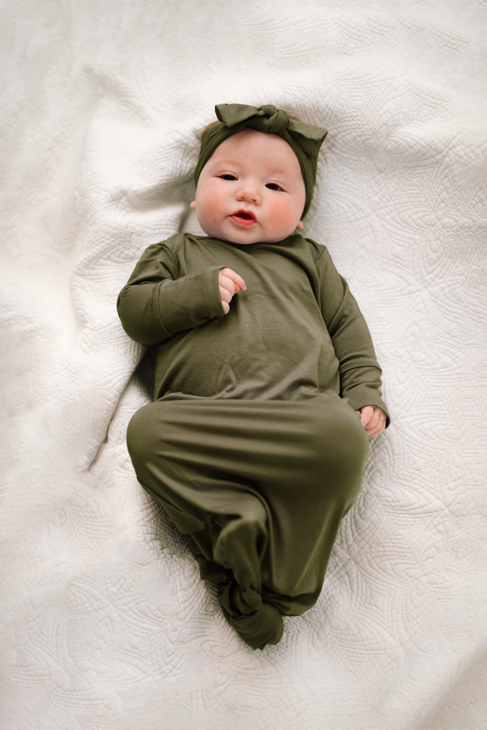 Baby Knot Gown and Bow Set: Sage