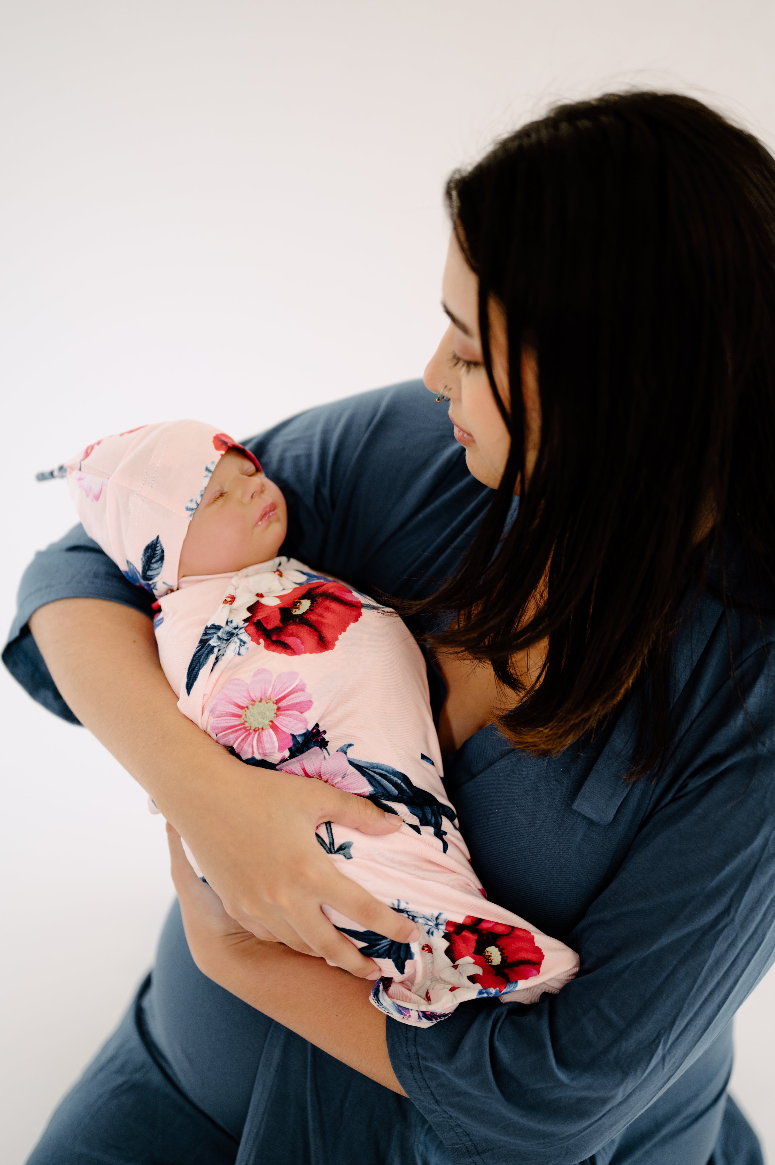 Birth gown midnight blue and floral swaddle