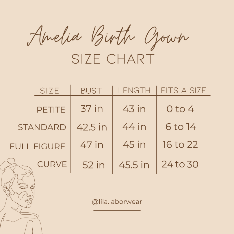 Amelia Birth/Maternity Gown Size Chart