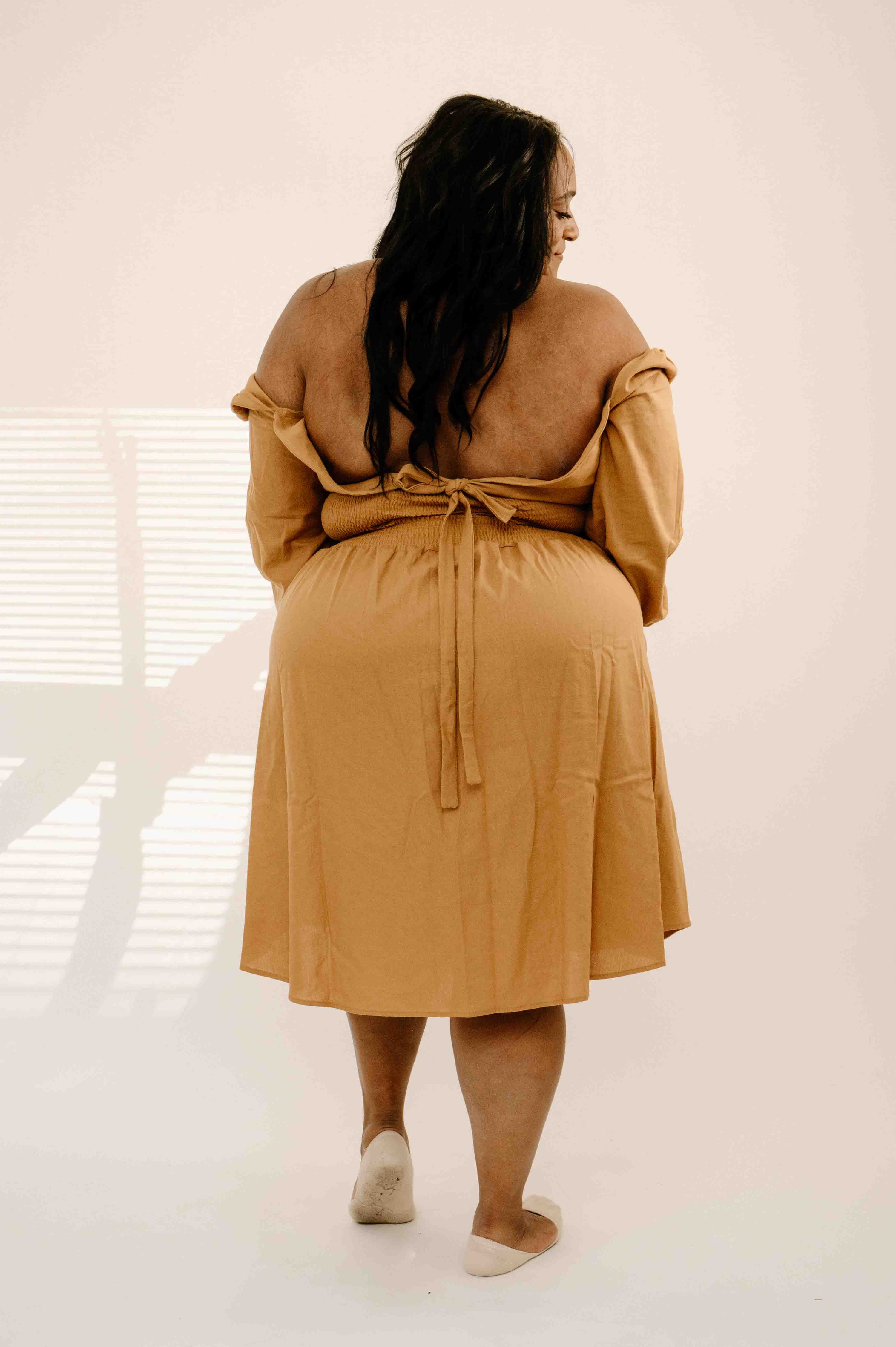 mustard brown dress Mustard Seed Dress Brown Midi Smocked Women Size Small Hi Low Hem NWT
