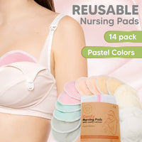 Organic Bamboo Nursing Breast Pads - 14 Washable Pads + Wash Bag - Breastfeeding Nipple Pad for Maternity - Reusable Nipplecovers for Breast Feeding (